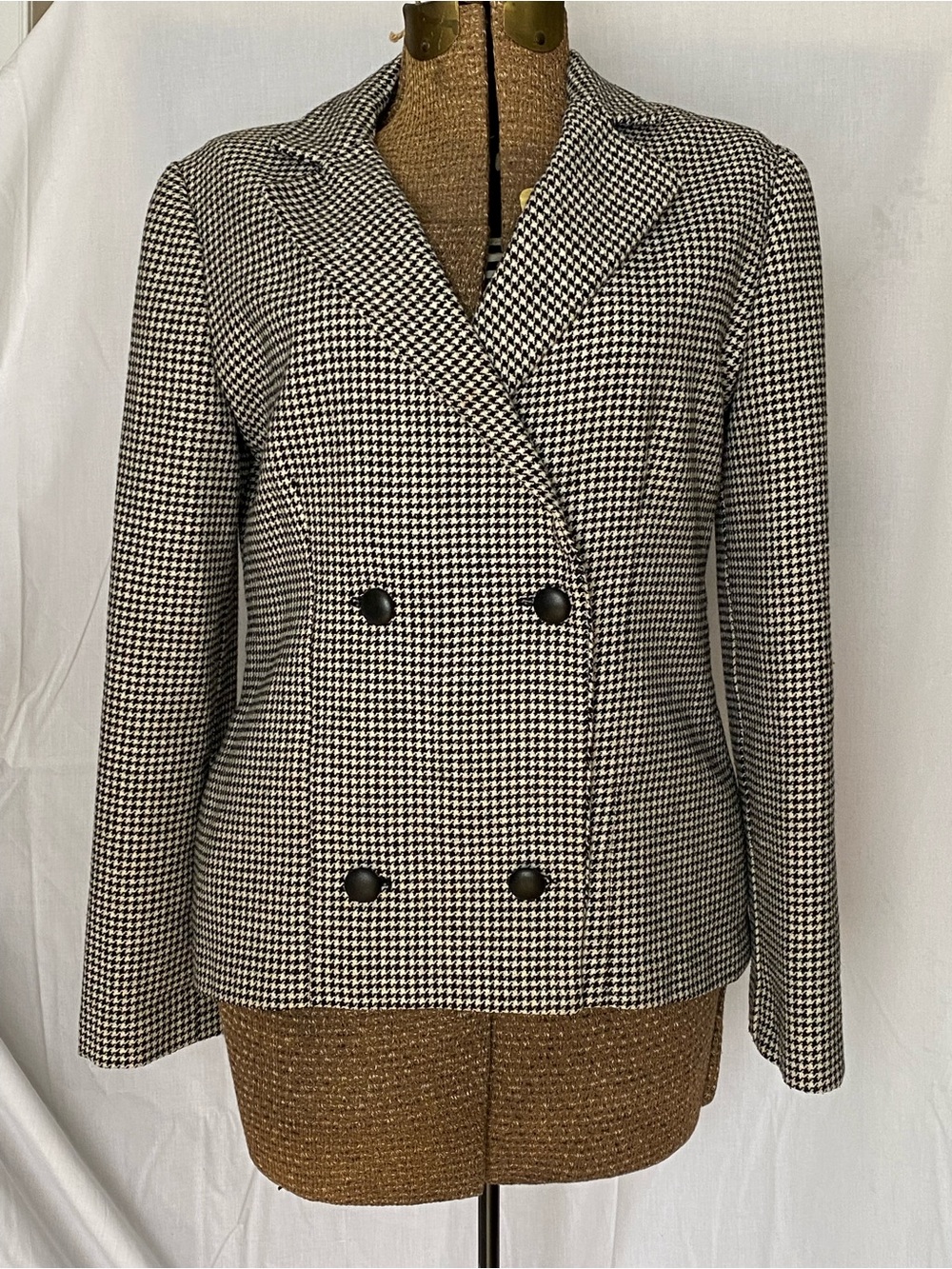 Vintage Classic Black & White Houndstooth Double-Breasted Women's Blazer